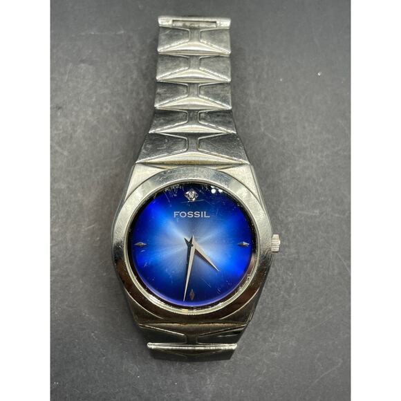 Vtg Fossil Arkitekt FS-4023 All Stainless Steel Men's Watch 50m WR Blue Dial - Picture 1 of 12